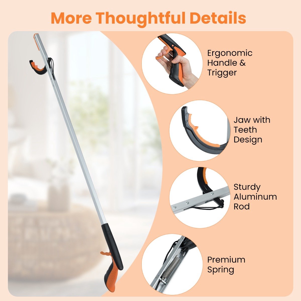 SureDeal® - Tuinier - Extra Lange Grijptang - Afvalverzamelaarstang Lichte Aluminium - 88x11,5 cm - Zilver + Zwart + Oranje