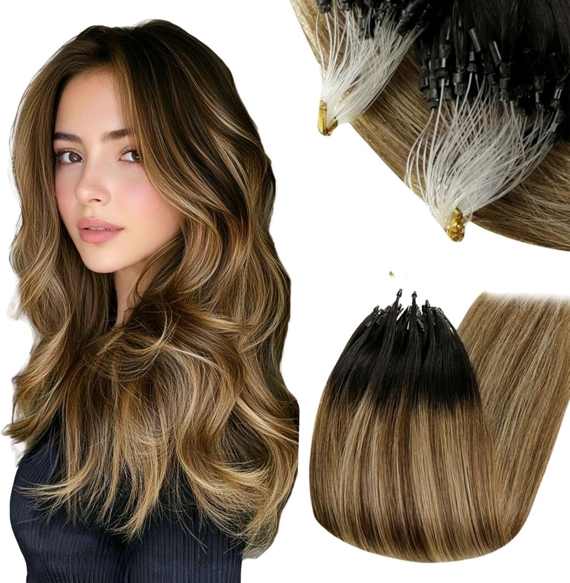 Microring Haarextensions van Echte Haar - Balayage Ombre in Zwart, Bruin en Blond - 14 Inch, 50 Strengen, 50g