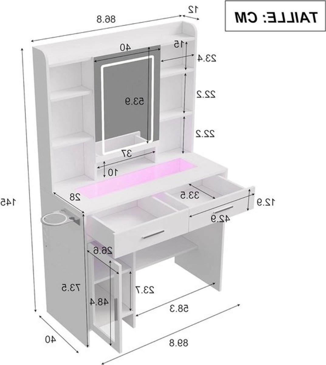 Kaptafel met Spiegel - Make-up Tafel Kapmeubel - Make-up Aanbrengen - Instelbare LED Verlichting - 89.8x40x145cm - Wit