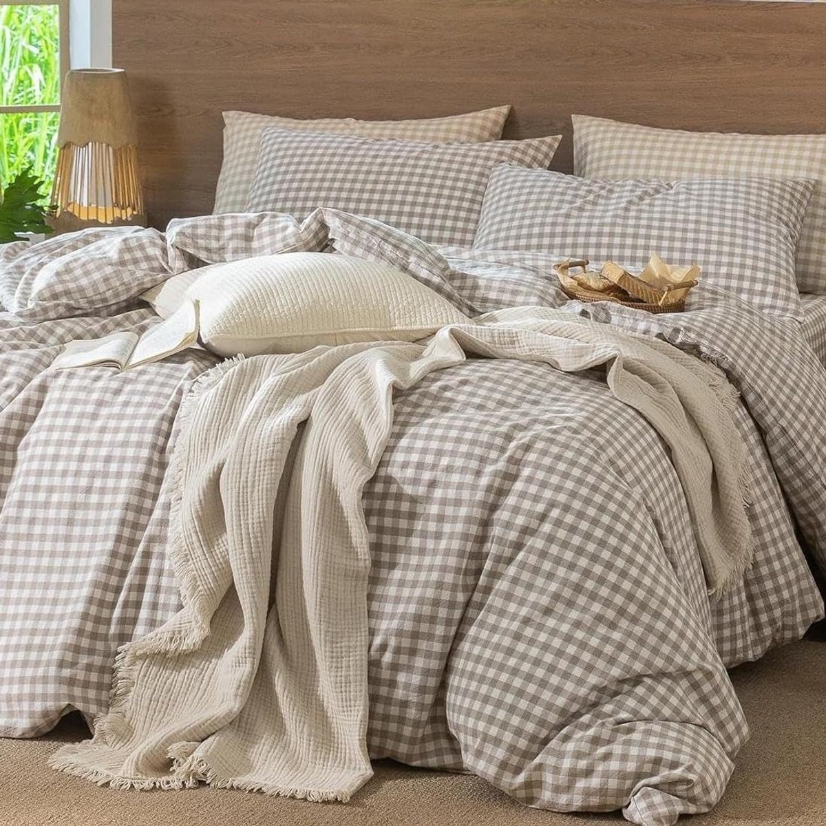 Checkered Cotton Bedding Set - 200 x 220 cm - Beige en Wit