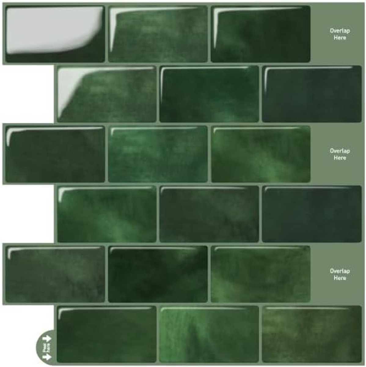 Set van 10 Groene Tegelstickers - 3D Vintage Effect - 30,5 x 30,5 cm