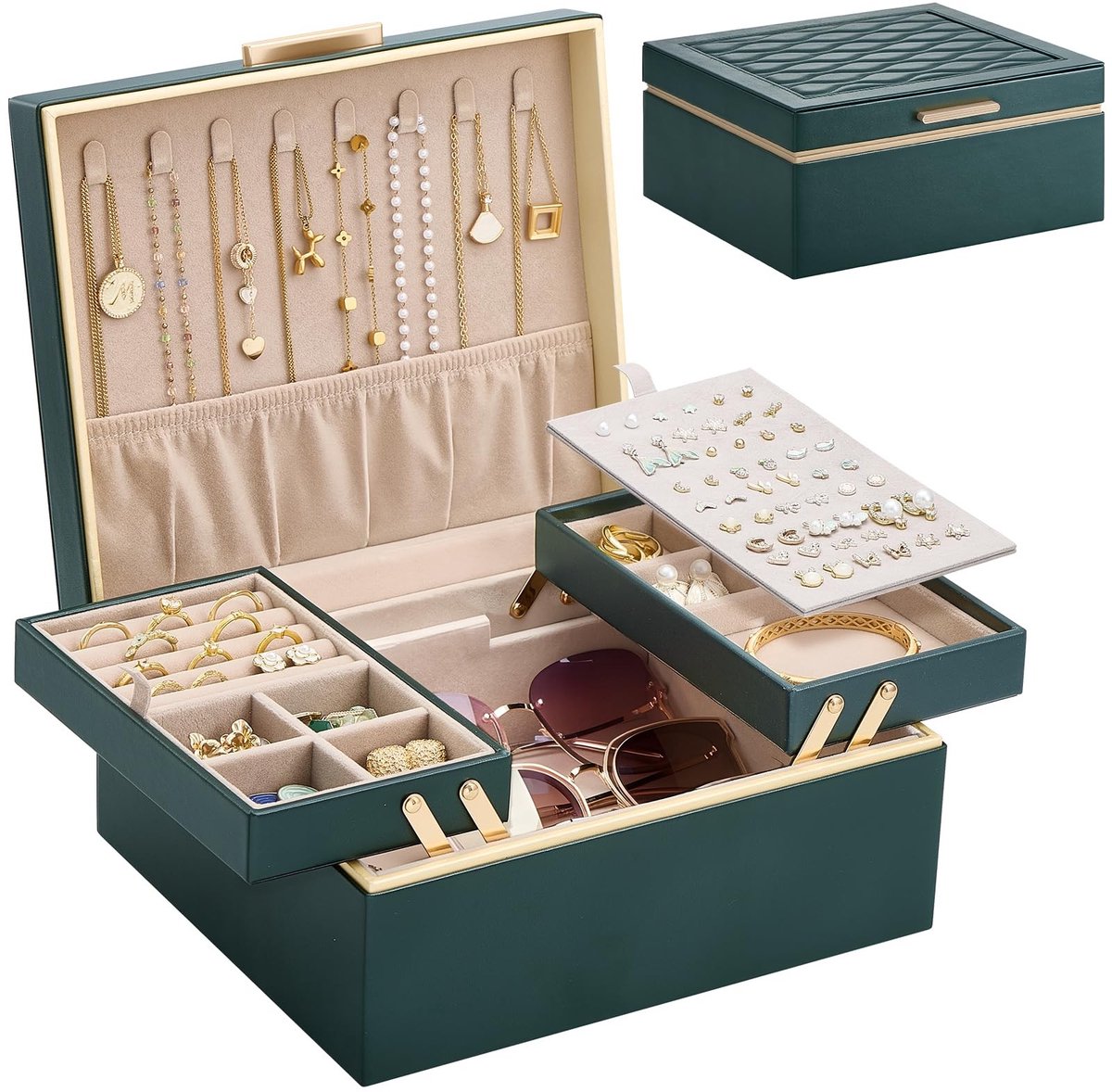 Vrouwen Sieraden Doos - 2 Laags Opberg Organizer - Donkergroen