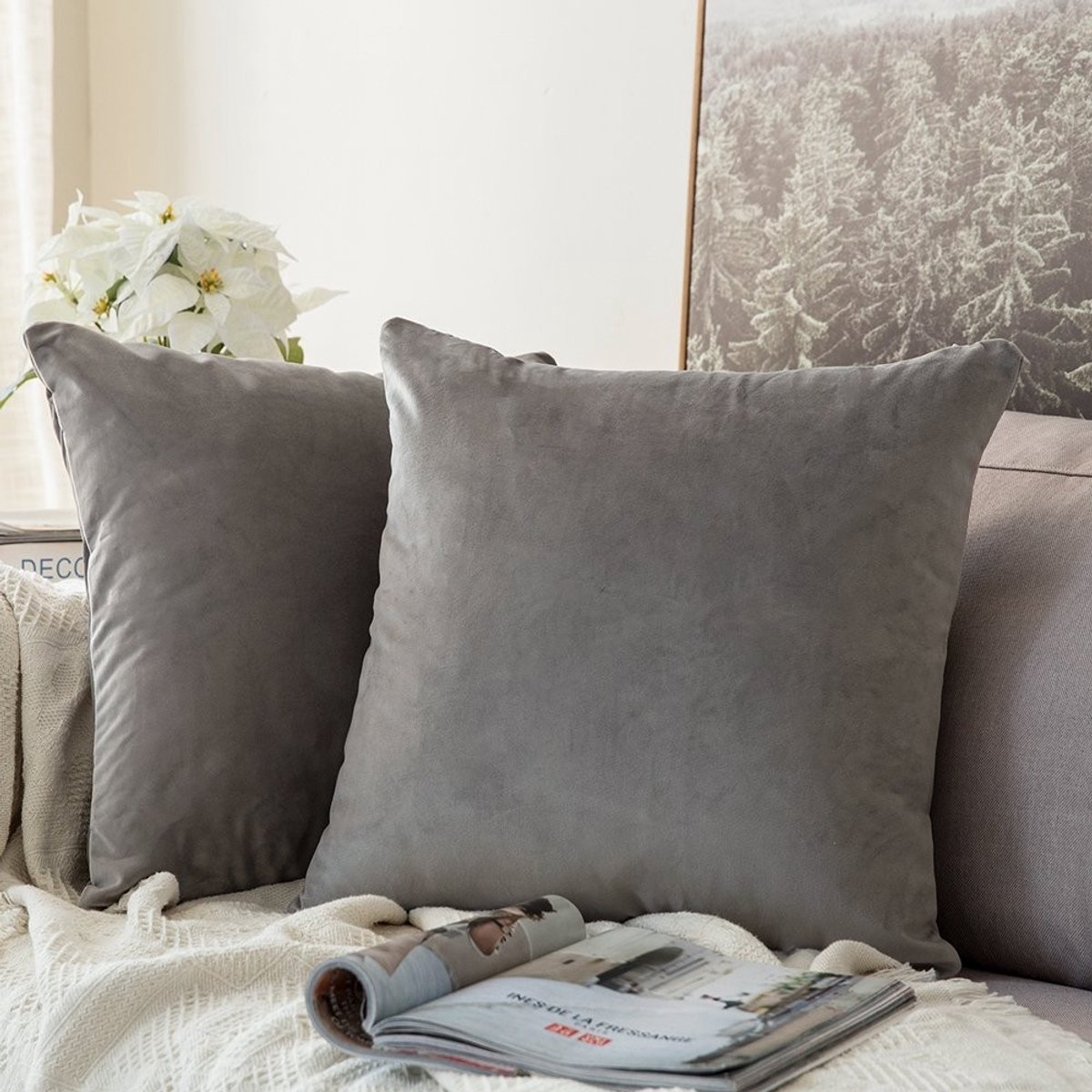 Zachte Velvet Kussenhoezen - Grijs - 60 x 60 cm - Set van 2