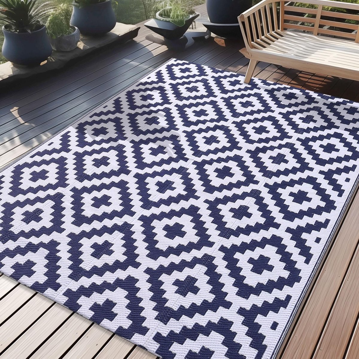 Buitenkleed - Weerbestendig, Geometrisch, 150 x 240 cm - Marineblauw en Wit