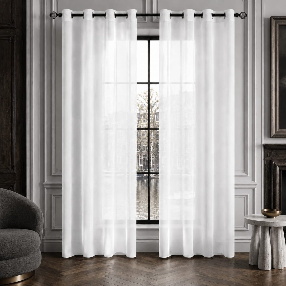 Lano&Go Glasgordijn met ringen, transparante vitrage, wit, 140 x 175 cm, set van 2