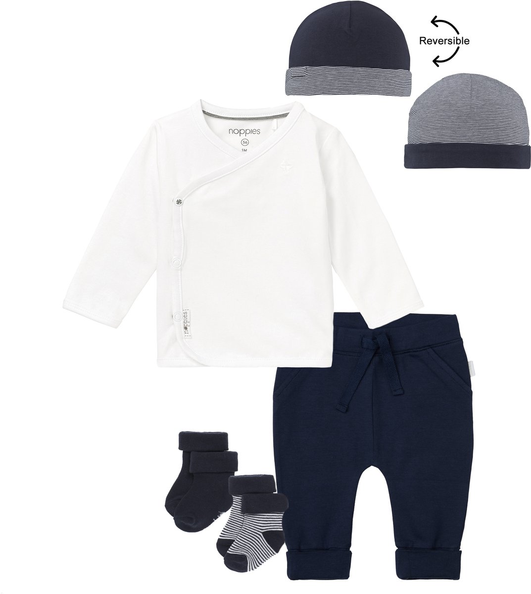 Noppies kledingset - 5delig - Broek Naupli donkerblauw - Shirt Little wit - Muts en 2 paar sokjes - Maat 62