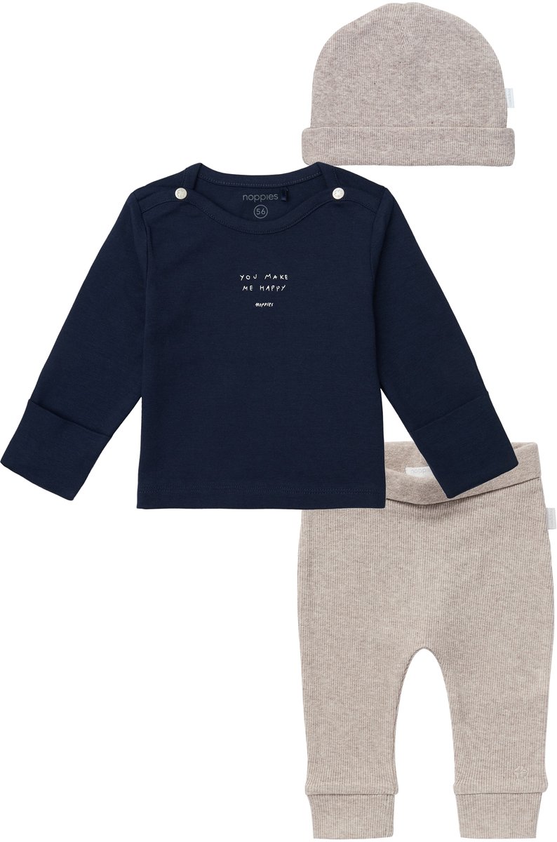 Noppies kledingset - 3delig - Broek Naura taupe - Shirt Neisse donkerblauw - Muts Nevel taupe - Maat 44