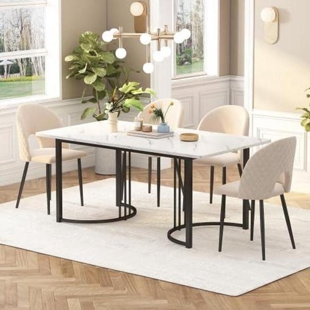 Eettafel Rechthoekig - Keukentafel Bureau - Eten en Werken - Marmerlook Design - 140 x 80 cm - Wit Zwart