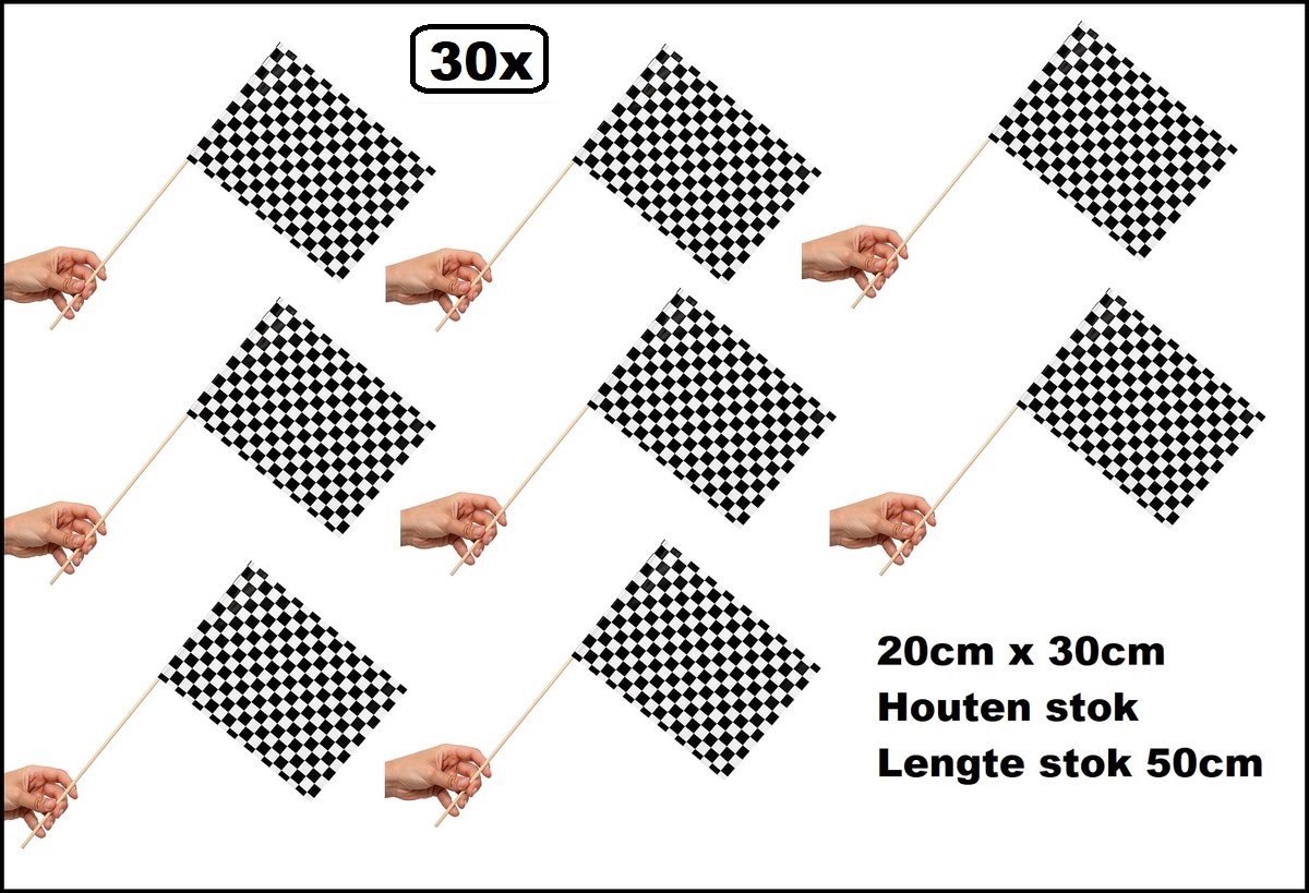 30 stuks Zwaaivlaggetjes op stok Race 20cm x 30cm - lengte stok 50cm - Zwaai vlaggetjes Formule 1 thema feest festival uitdeel