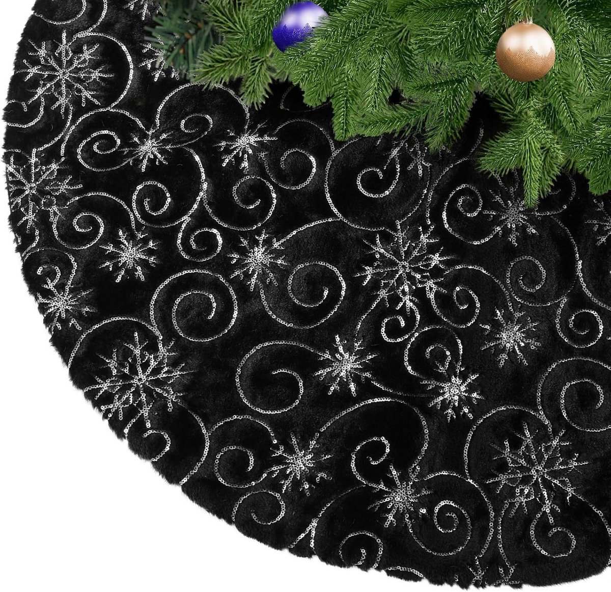 Ronde Zwarte Kerstboomdeken met Sneeuwvlokken - Microfiber Faux Fur Kerstboomkleed van 48 Inch voor een Feestelijke Sfeer