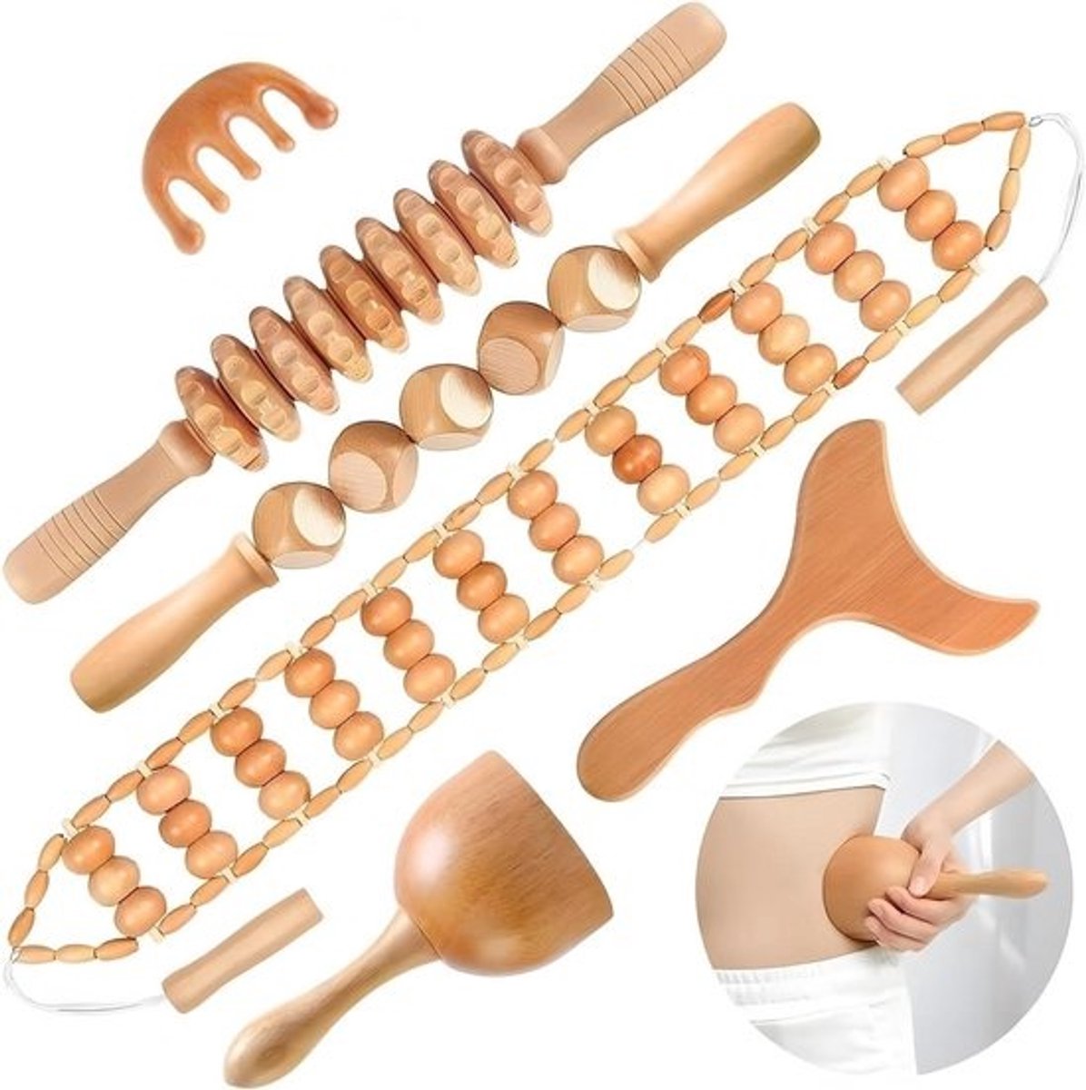Massageset Hout - Maderotherapie Set - Lichaamsvorming Ontspanning - Compleet 6-delig - 42 x 12 x 12 cm - Bruin