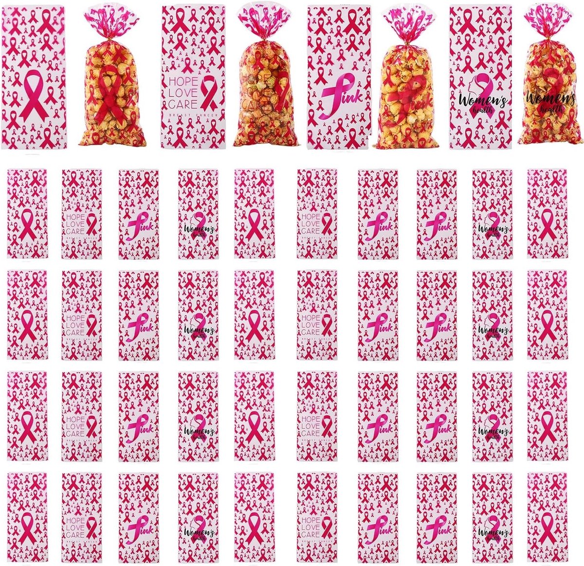 48Pcs Plastic Snoep Goodies Zakken met Roze Lint - Cellofaan Traktatie Tas voor Feestjes, Cadeaus en Borstkanker Ondersteuning