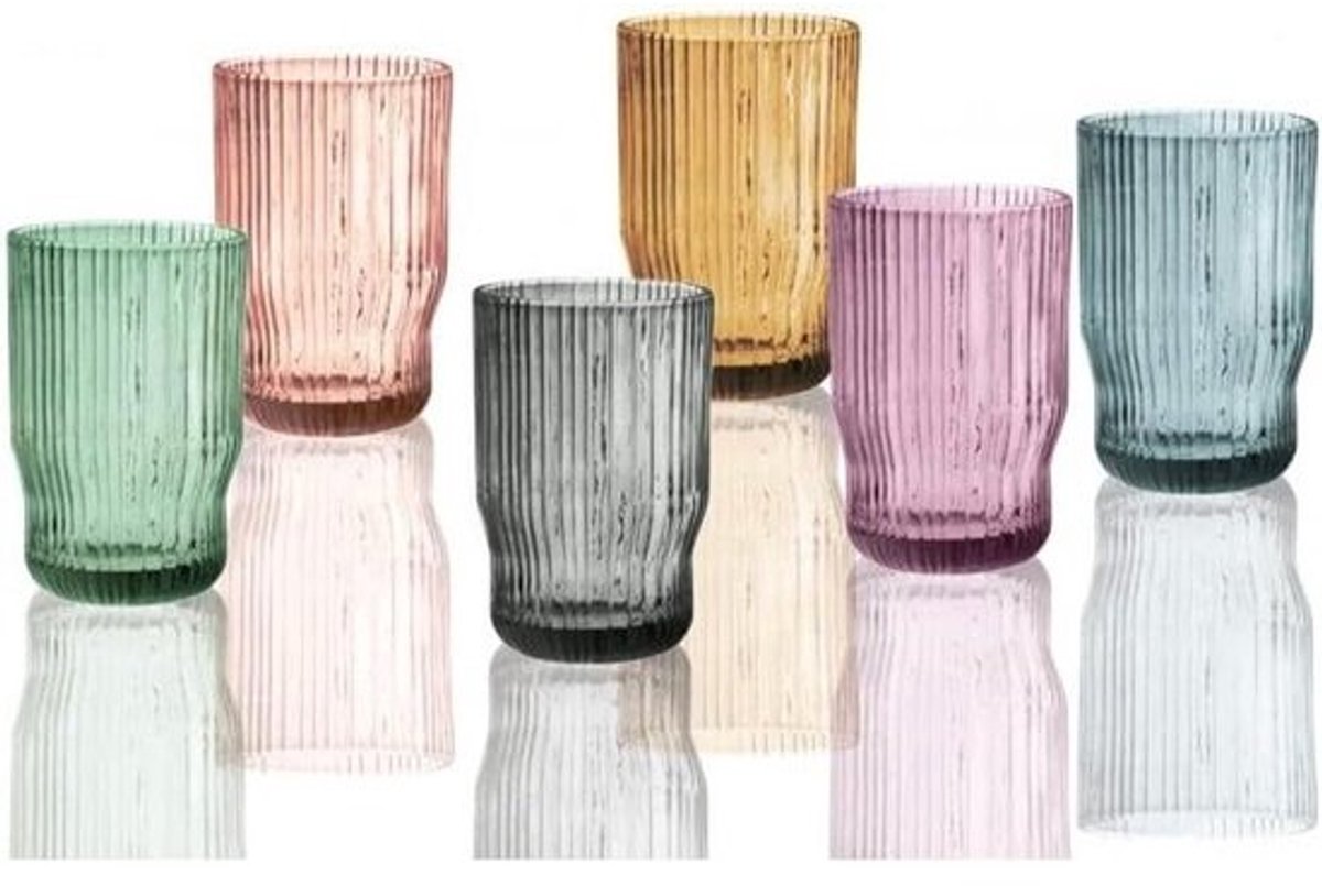 Glazen Set - Drinkglazen - Dagelijks Gebruik - Geplooid Design - 25 cl Inhoud - Gesorteerde Kleuren