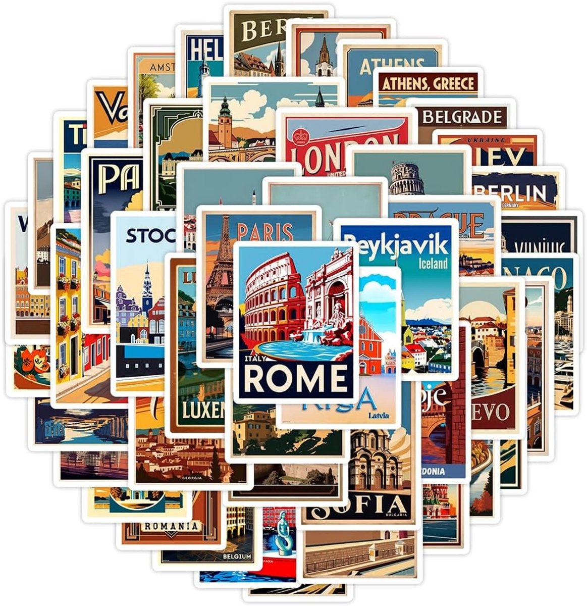 Set van 50 Vintage Reisstickers voor Fotoalbums, Laptops en Fietsen - Waterdichte Retro Labels voor Reisenthousiastelingen
