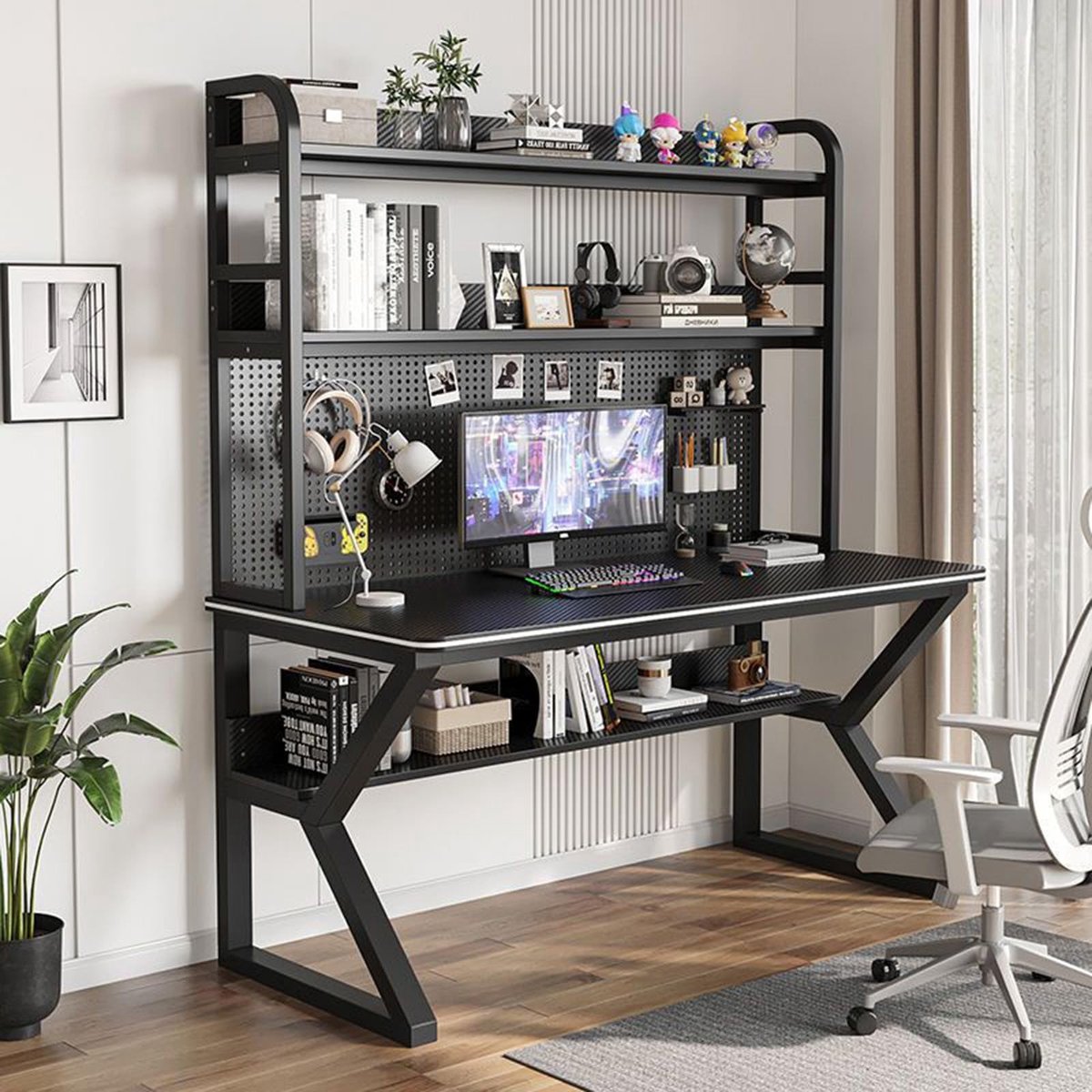 Gaming Bureau met Opbergruimte en Boekenplank - Zwart
