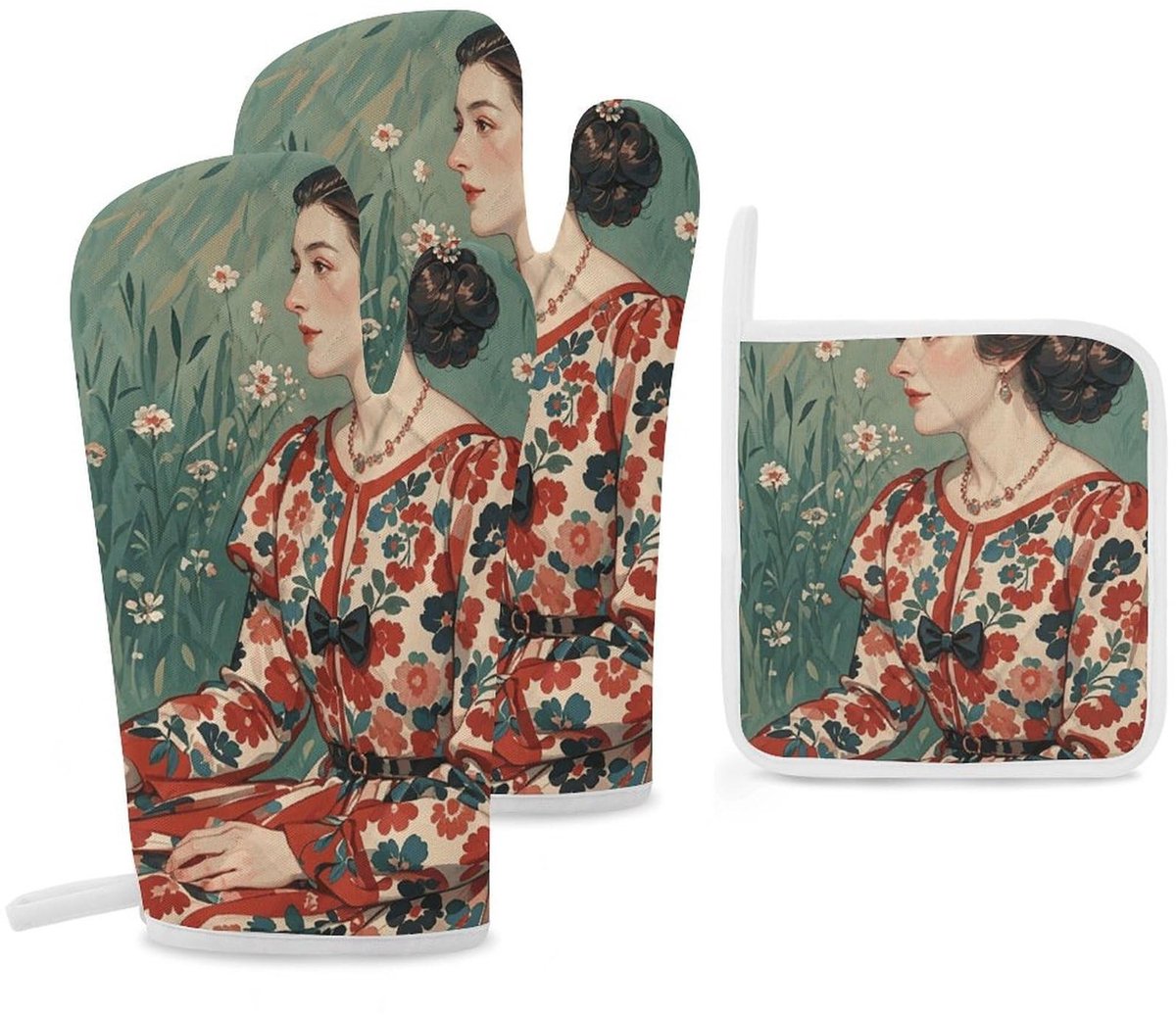 Ovenwanten en Pannenlappen Set van 3 - Elegante Dames Keukenhandschoenen