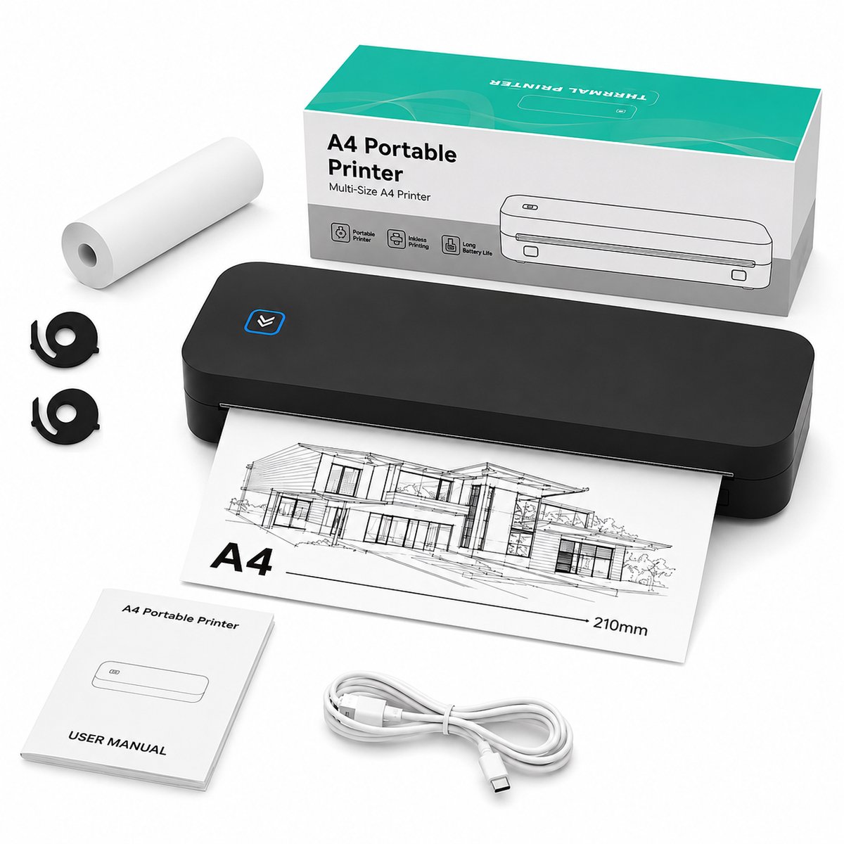 VHV-A4 printer - Draagbaar - Bluetooth - Inktloos - Tattoo printer - 2600 mAh - Draadloos - Voor kantoor en studie - Thermisch - 26 cm - Zwart