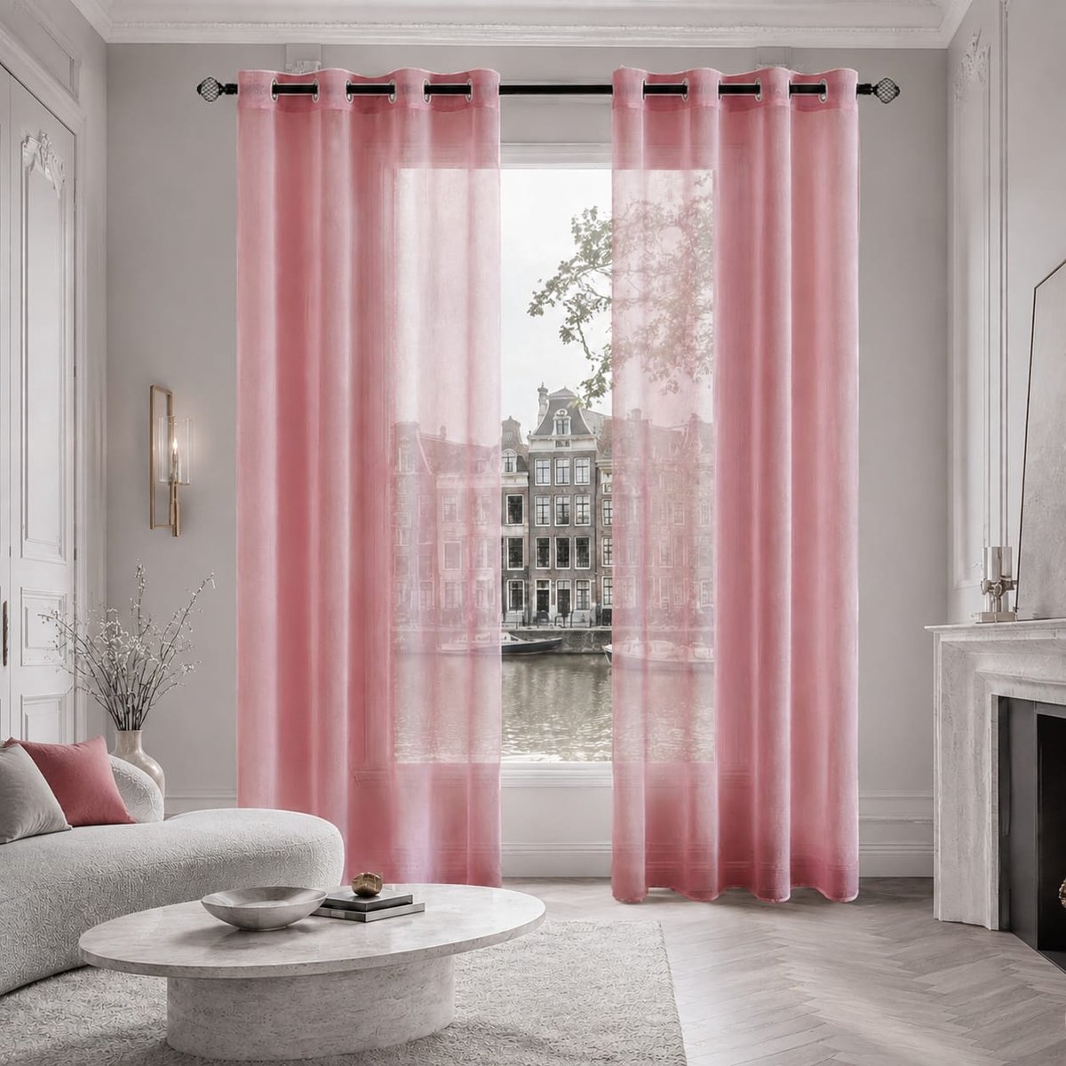 Lano&Go Set van 2 transparante vitrage gordijnen met ogen, 140 x 225 cm, donkerroze