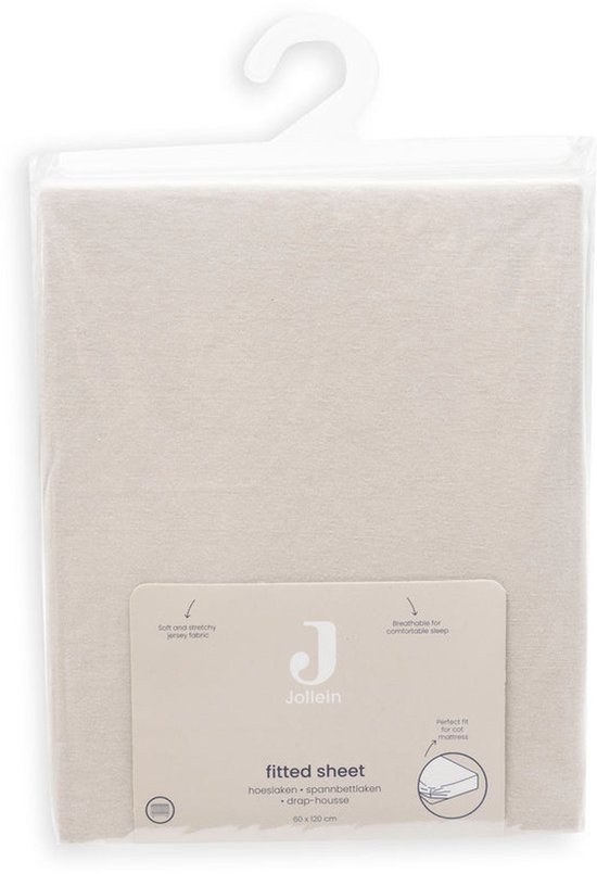 Jollein hoeslaken in zandkleur, van zacht, rekbaar jersey materiaal. Perfecte pasvorm voor een ledikantmatras van 60 x 120 cm.