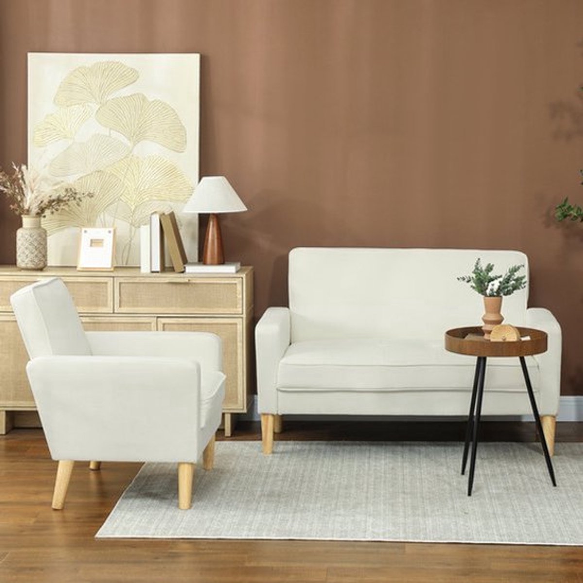 2-Zits Bank – Tweezitsbank – Loveseat – Kleine Sofa – Bankje – Crème Kleur – Rubberen Houten Poten – Hoog Zitcomfort