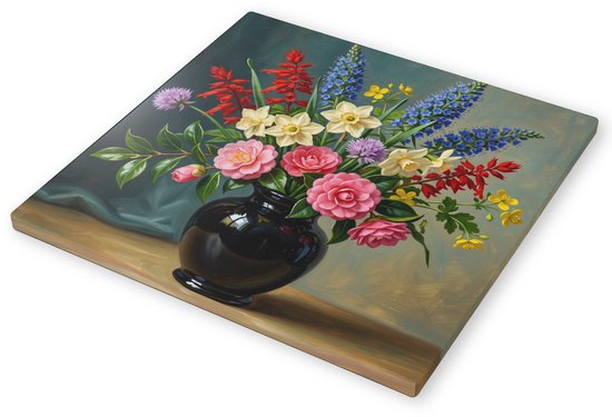 Canvas Schilderij Bloemen Vaas Narcissen Camellia en Blauwe Druifjes Schilderkunst Veldboeket Wanddecoratie Woonkamer Aquarel Stilleven Kunst 60x60 cm