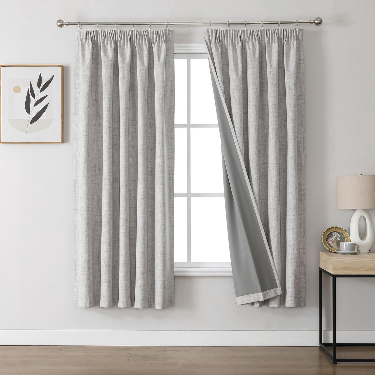 Gordijnen, 100% verduisteringsgordijnen, linnen, met plooiband, set van 2, 175 x 140 cm (h x b), grijs-wit, thermogordijn, koudebescherming, ondoorzichtig, geluidsisolatie, ideaal voor