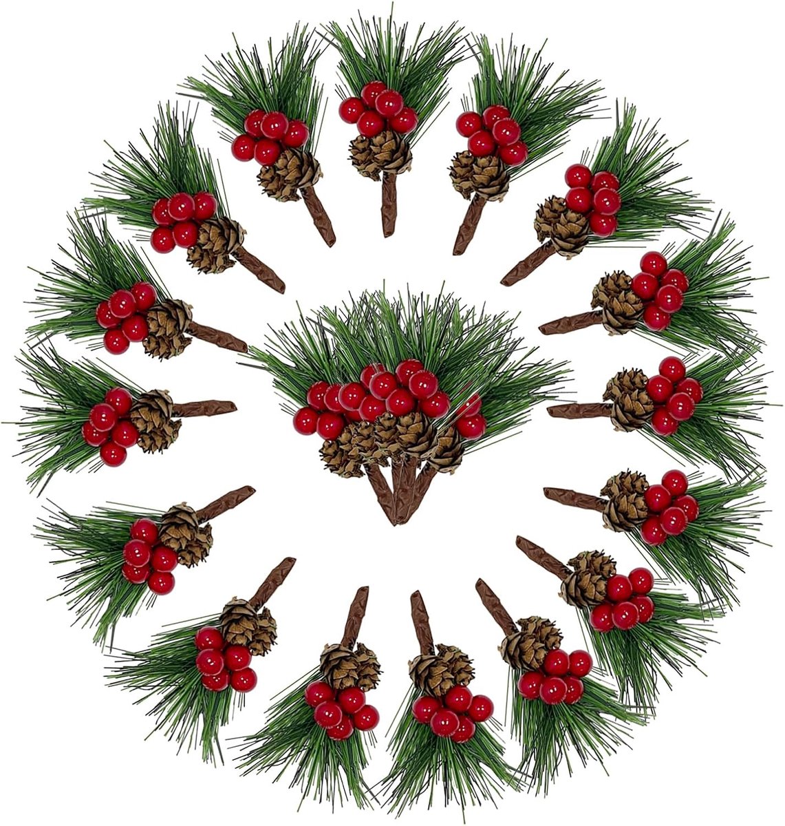 20 Stuks Kunstmatige Dennentakken Bessentakken Kerstbessen Dennentakken Kunstmatige Dennentakken met Bessen en Dennenpitten Kerstdecoratie Set voor Kerstboomversiering Bruiloften