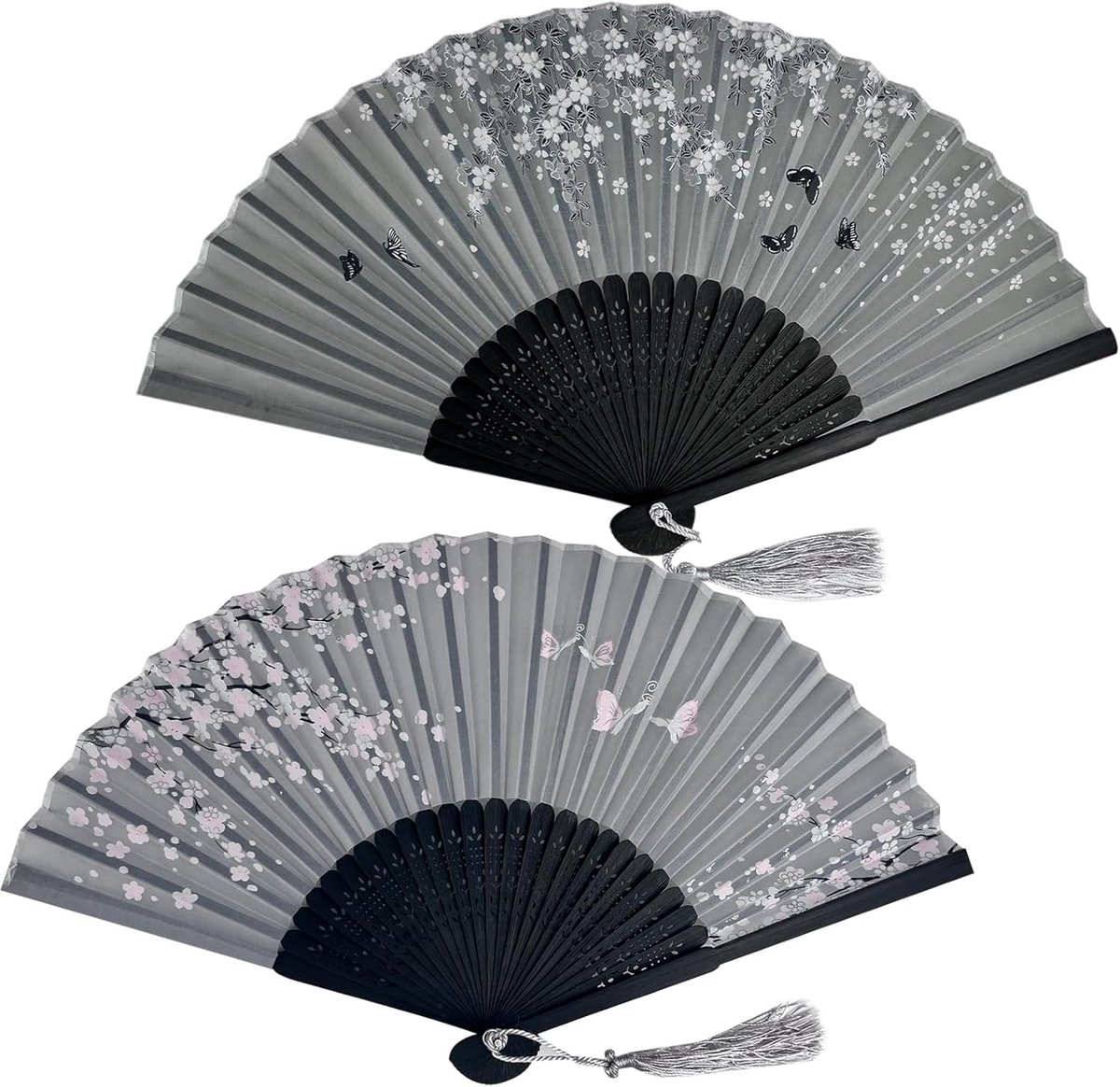 2 stuks opvouwbare handwaaiers, inklapbaar, voor koelen, snel openen en sluiten, draagbaar, voor evenementen, zomer, ceremonies, kostuums, fotoshoots, cadeau (grijs)