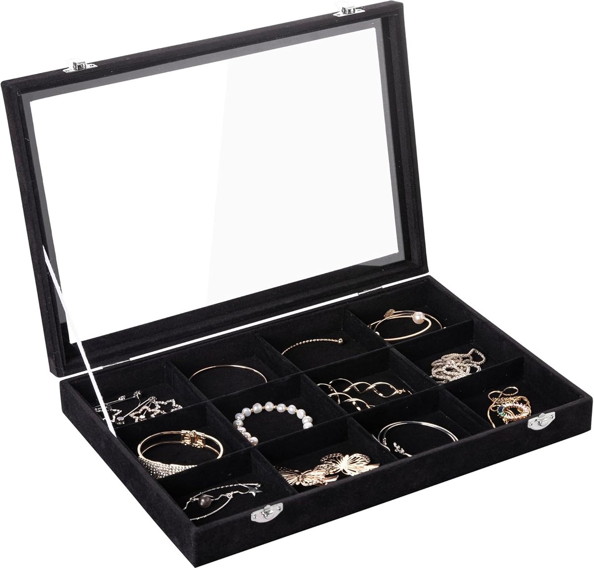 Fluwelen sieradenlade, 12 rasters sieradenorganizer met doorzichtig deksel, armbandhouder, sieradenvitrine met sluiting, lade invoegen armband broche, 35 x 20 cm, cadeau voor vrouwen meisjes
