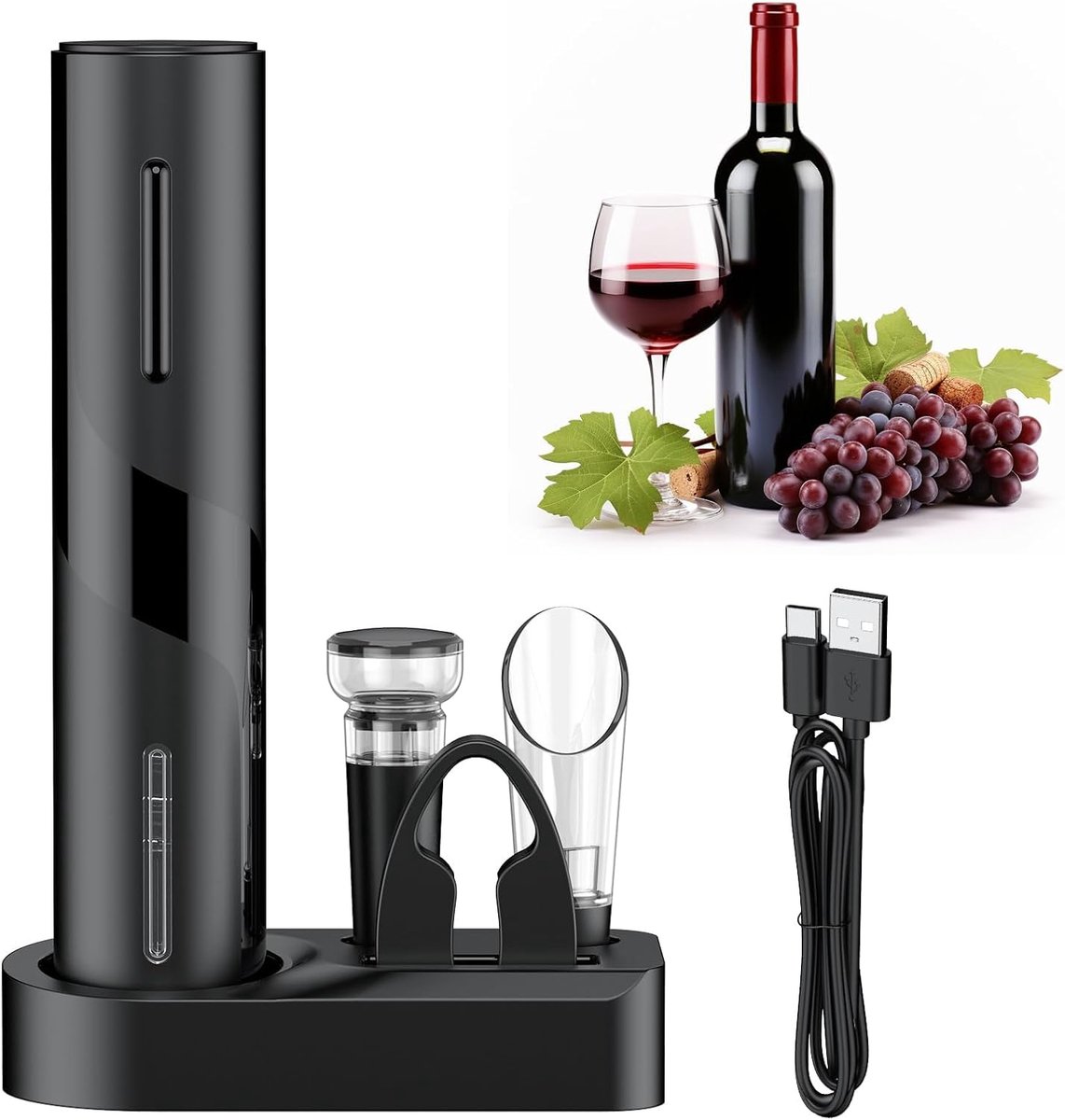 5-in-1 accu-wijnflesopener, set, automatische wijnopener met wijnkaraf schenktuit vacuümsluiting foliesnijder basis USB-C oplaadbare elektrische kurkentrekker wijnkurkentrekker