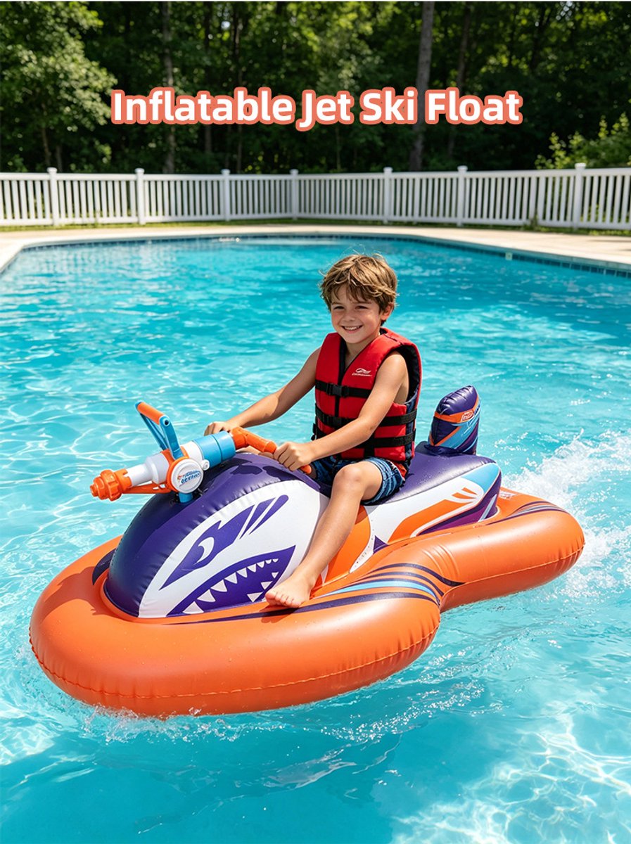 Opblaasbare jetski-zwemband voor kinderen met ingebouwd waterpistool – opblaasbaar waterspeelgoed om op te zitten voor zwembad, strand of meer – ideaal voor zomerse waterfeestjes – geschikt voor jongens en meisjes van 3 tot 10 jaar. – foto 2