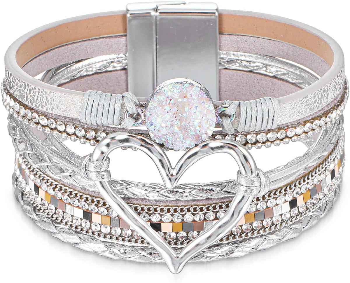 Boheemse gewikkelde meerlaagse leren armband voor dames - Boheemse armband in hartvorm met sluiting - Boheemse manchetarmband - Trendcadeau voor dames (zilver), One Size, Stras