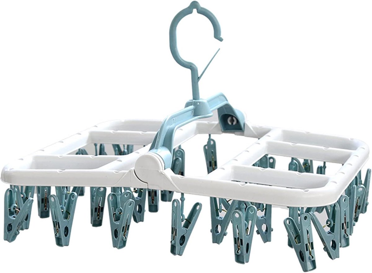 Droogrek,Biluer 1PCS Clips Droogrek Plastic 40 Peg Opvouwbare Indoor Sok Droger Wind-proof Kleerhanger Rack Opknopende Droger voor Sokken Ondergoed Schoen Inlegzolen Baby Kleding Handschoenen (Wit+Blauw)