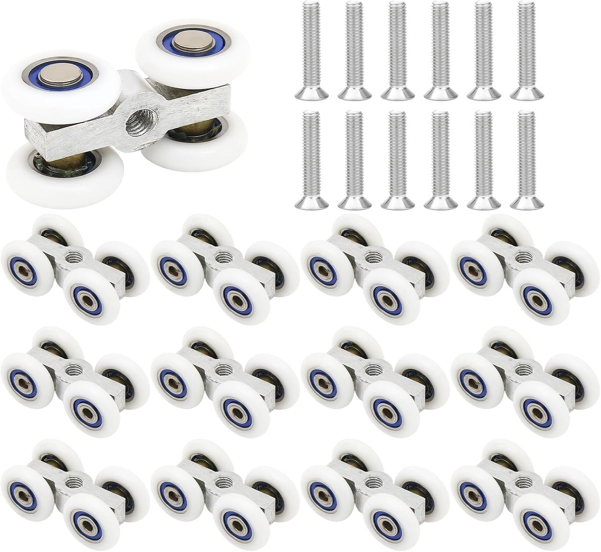 Wielen voor schuifdeuren, 12 stuks wieltjes, beslag, loopwielen, douchedeurwielen met metalen assen, 4-wieltjes, glas- en kastwielen, M6 x 30, schuifdeurwielen