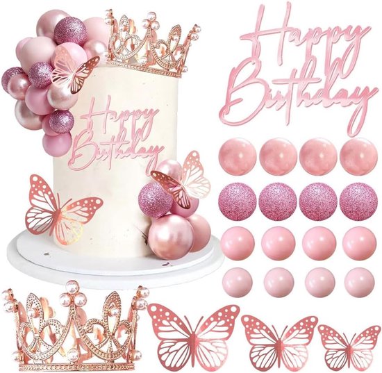 Foto: 34 stuks taarttopper set kroonvlinders ballonnen taarttopper decoratieve accessoires voor verjaardagsfeest bruiloft roze 