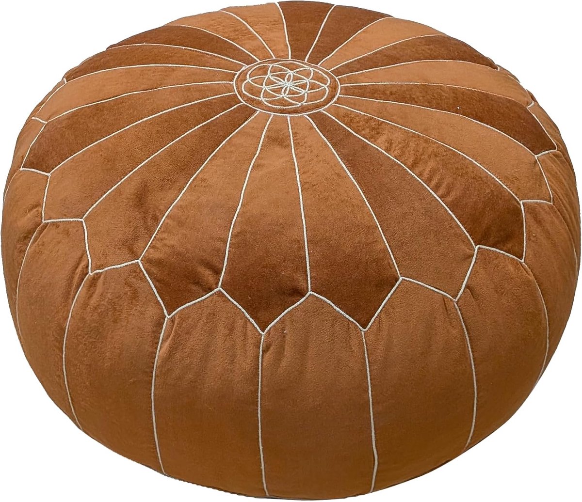 oranje Marokkaanse fluwelen vloerpoef, rond Ottomaanse kussen met mandala-borduurwerk, handgemaakte paneelnaad, boho-vloerstoel voor woonkamer, meditatie en decoratie