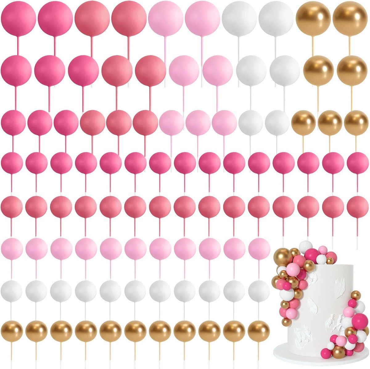 75 stuks taartballen, topper decoraties, schuim, cupcaketopper, mini-ballonballen, taartprikkers voor decoratie, verjaardagsfeestje, bruiloft (serie roze / witgoud)
