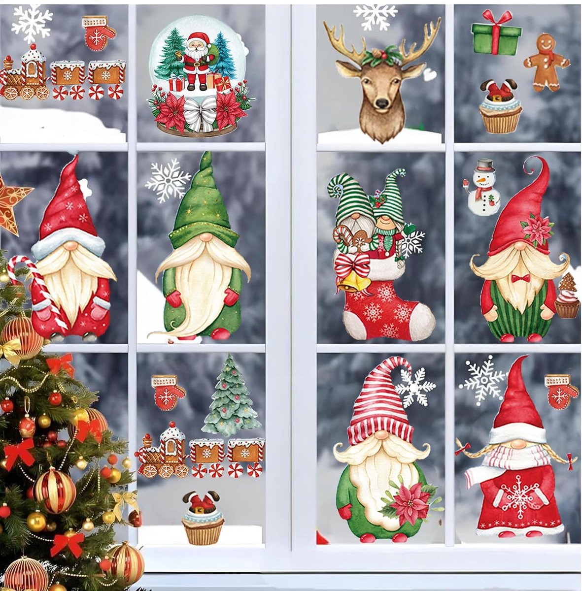 raamafbeeldingen, 9 vellen kerstdecoratie met verschillende elementen, grote kerstmanstickers, sneeuwvlokken, raamdecoratie, raamstickers, kerstdecoratie