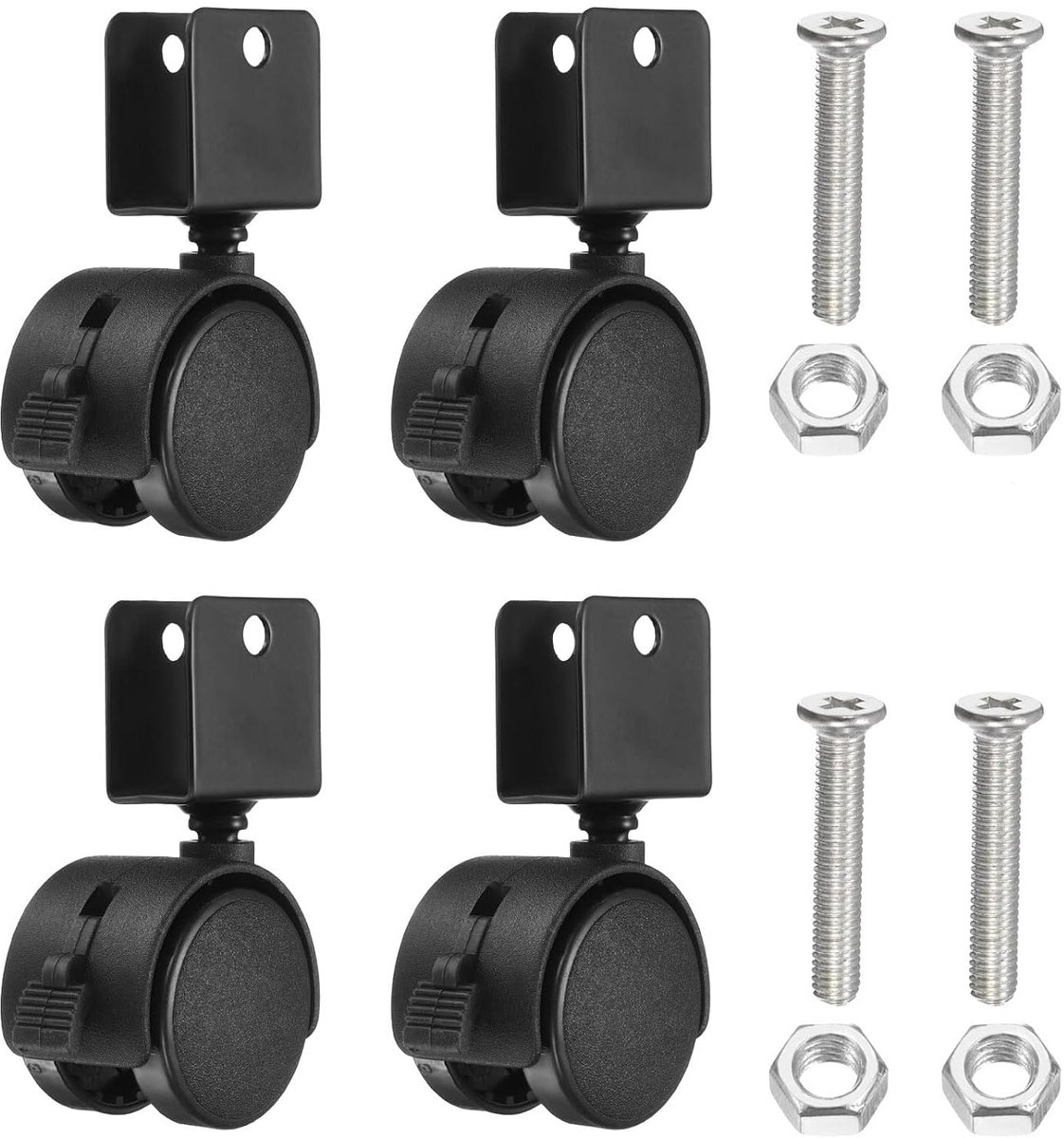 1,3 inch zwenkwiel met U-houder 0,63 inch, set van 4 wielen van nylon, 360 graden draaibaar, geruisloos, met rem, voor meubelpoten, zwart
