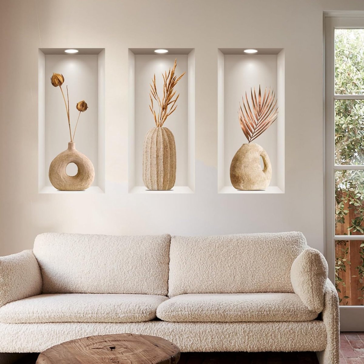 Muurstickers Woonkamer, 3D Kunst Stickers, Realistische 3D Raam Uitzicht Landschap Sticker, Vaas Plant Muurstickers voor Slaapkamer Badkamer Keuken Decor