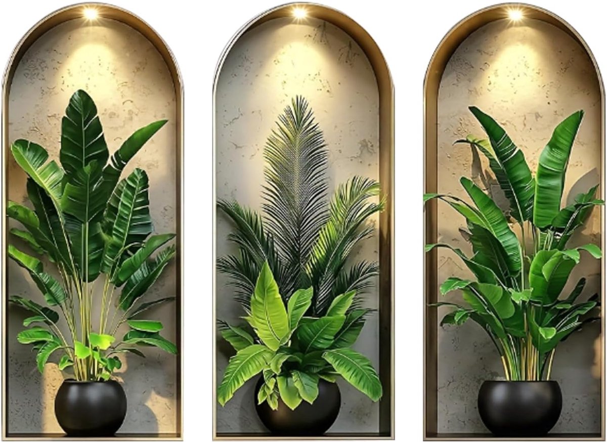 milaosk 3 Stuks 3D Muursticker Planten Muursticker met Groene Potplanten Muursticker Modern voor Woonkamer 25 * 60cm Zelfklevende Vinyl Muurbeelden voor Keuken Slaapkamer Kantoor Muurdecoratie