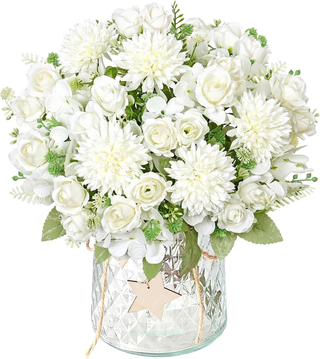 Kunstbloemen zoals echte kunstbloemen, wit, hortensia, kunstrozen, boeket, 4 bundels kunstrozen, zijden bloemen, binnen, kunstplanten voor bruiloft, feest, thuis, keuken, tafel, decoratie