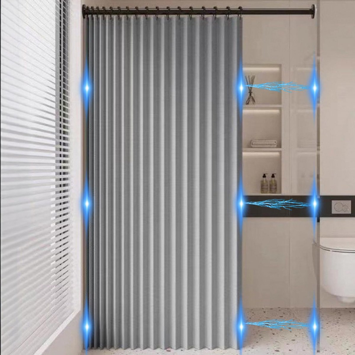 SnelShoppen - Magnetisch douchegordijn opvouwbaar waterdicht met haken linnen polyester accordeon grijs 100 x 200 cm voor badkamer