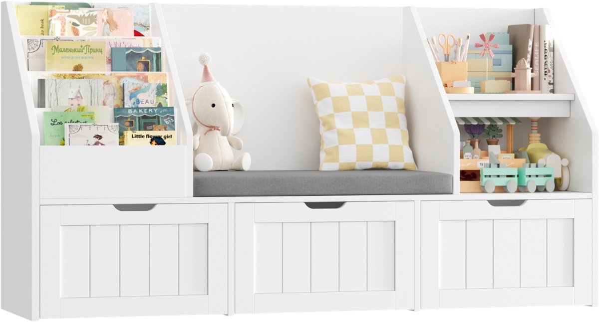Kinderboekenkast – Voor Kinderkamer – Met 3 Opbergboxen en Zitbank, 4 Niveaus – 140x80x39,5 cm