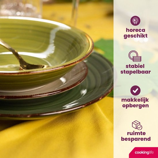 Cookinglife Serviesset Delice Groen 18-delig - 6 Personen - Bevat 6 Dinerborden, 6 Diepe Borden en 6 Ontbijtborden - Aardewerk met Diepgroene Reactive Glaze - Vaatwasser- en Magnetronbestendig - Luxe Serviesset met Stijlvolle Uitstraling — afbeelding 5