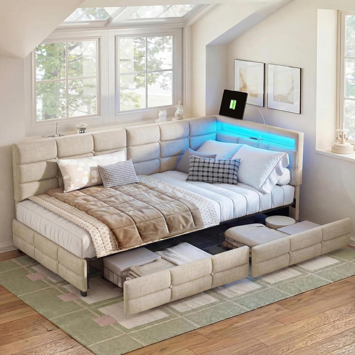 Gestoffeerd Bed - Slaapbank Laden - Opbergen Slapen - Met Verlichting - 90x200 CM - Beige