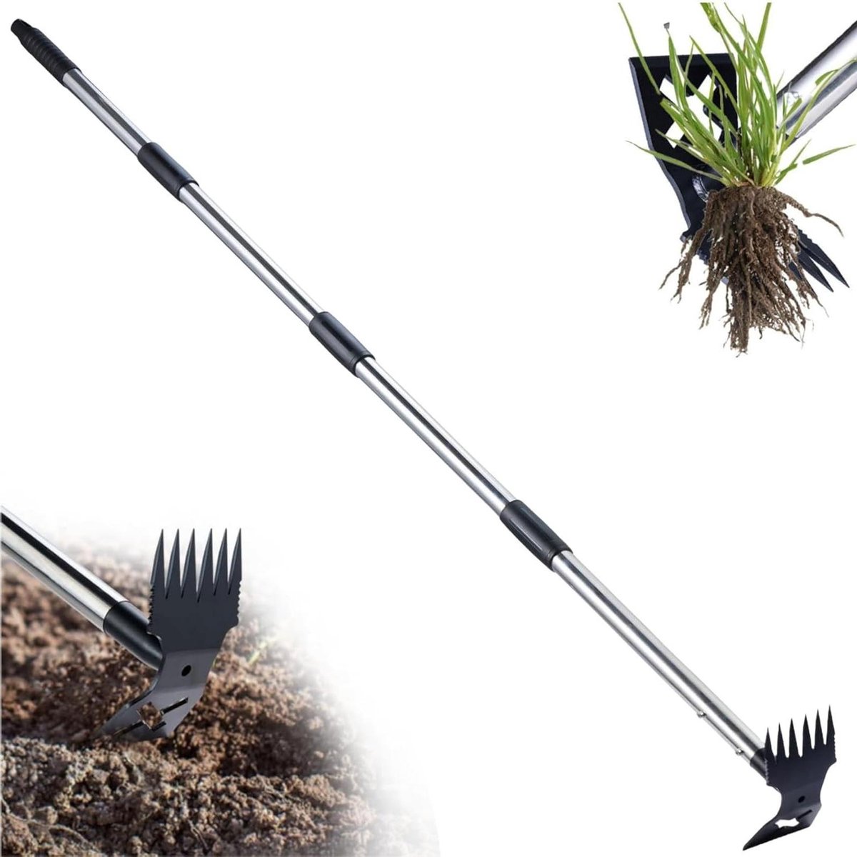 Onkruidtrekker met 6 Tanden - Onkruidverwijderaar Tuin - Onkruid Verwijderen - Verstelbare Lange Steel - 40 tot 150 Cm - Metaal