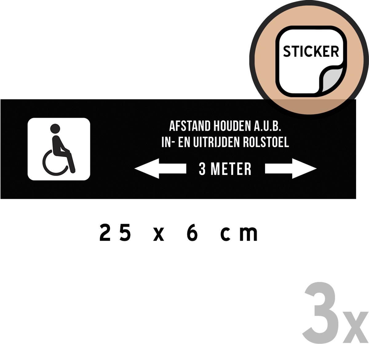 Pictogram/ stickers (3x) (small model) | "Afstand houden a.u.b. - In- en uitrijden rolstoel - 3 meter" | 25 x 6 cm | Gehandicapt | Invalide | Rolstoelgebruiker | Rolstoel | Invaliditeit | Rol stoel | Sticker | 3 stuks