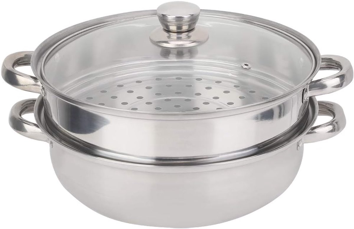Stoompannenset van roestvrij staal met 2 lagen, stoompan voor het koken, dagelijkse braadpan, stoompanset met glazen deksel, braadpan