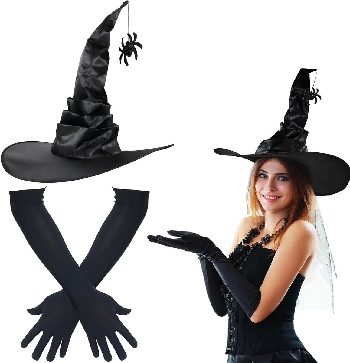 Heksenhoed en Lange Handschoenen Set – Opvouwbare Satijnen Hoed met Glinsterende Spin & 45cm Stretchhandschoenen – Halloween Kostuum Accessoires voor Vrouwen